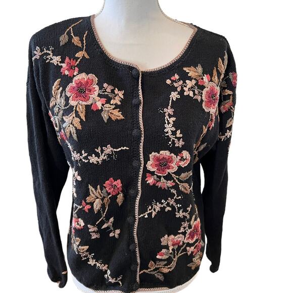 Vintage Hand Knit Heirloom Collectibles Dark Floral Cardigan Sweater L - Picture 1 of 9